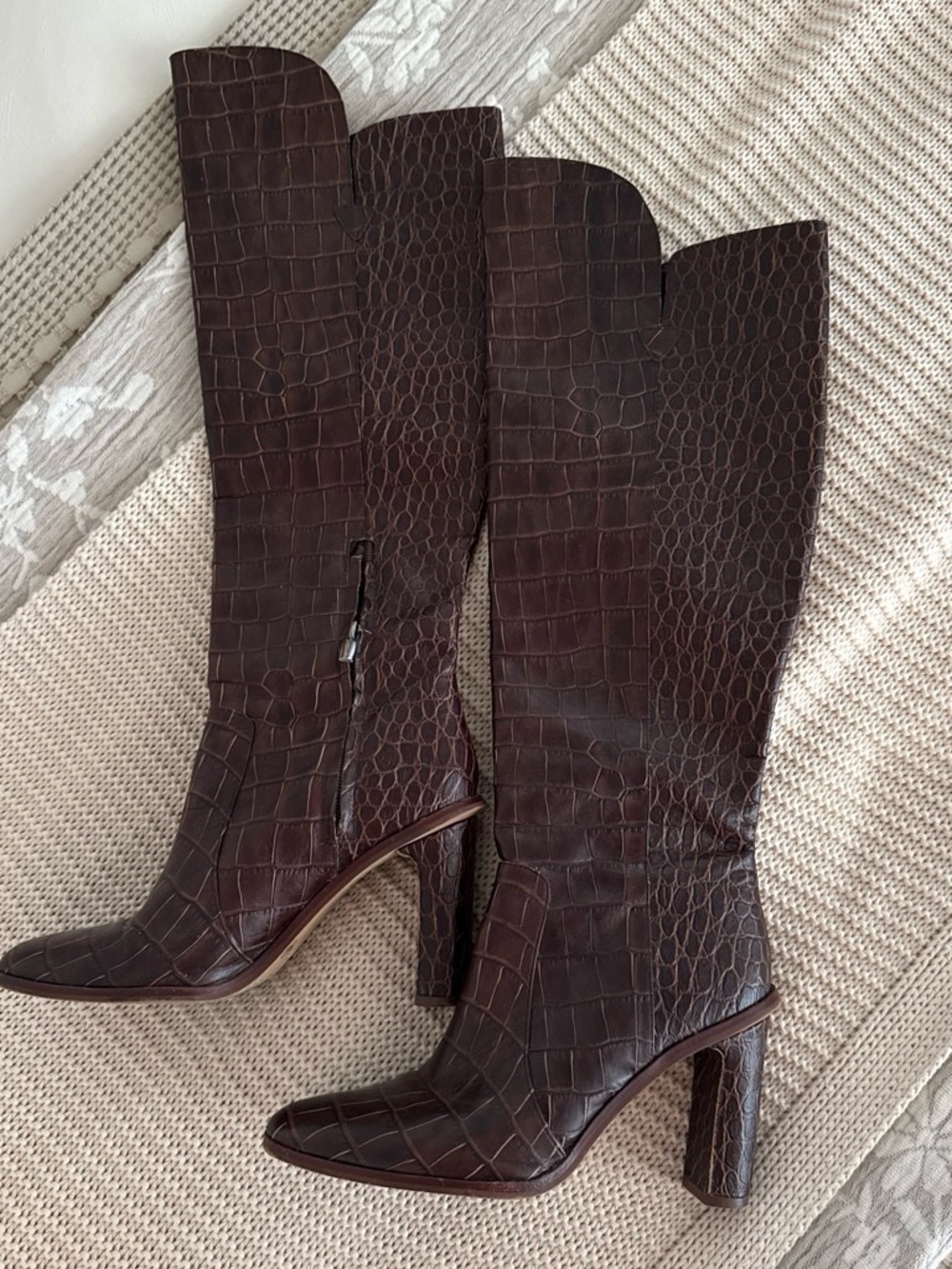 Vince Camuto Tall Croc-Textured Brown Leather Boots